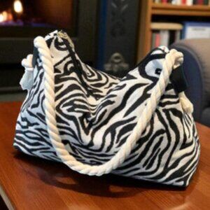 Roomy Slouchy Zeebra Print Hobo Rope Strap Fringe Large Shoulder Bag